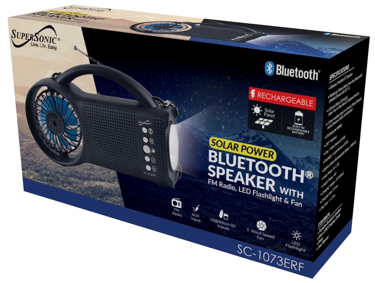 Solar Bluetooth Speaker with FM Radio, LED Torch & 3‑Speed Fan – Portable Outdoor Power Speaker