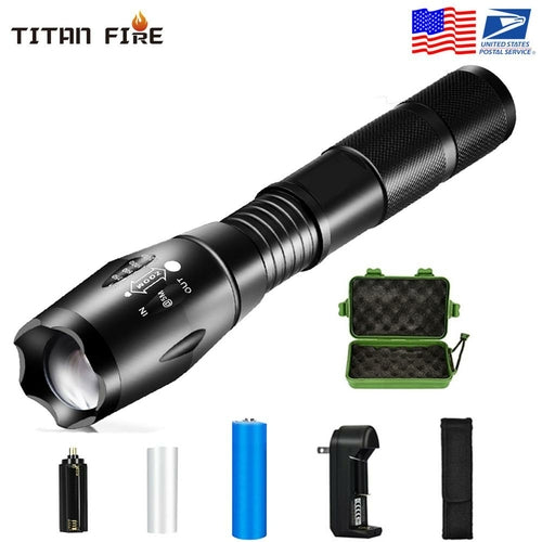 TITANFIRE 8000LM Tactical LED Flashlight – Zoomable, Waterproof, Rechargeable T6 Torch