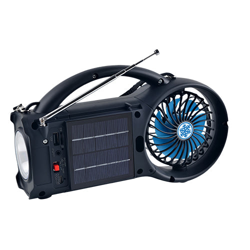 Solar Bluetooth Speaker with FM Radio, LED Torch & 3‑Speed Fan – Portable Outdoor Power Speaker