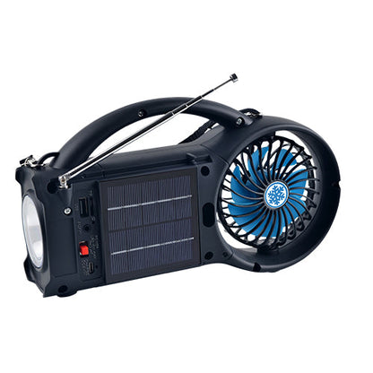 Solar Bluetooth Speaker with FM Radio, LED Torch & 3‑Speed Fan – Portable Outdoor Power Speaker