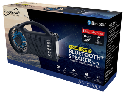 Solar Bluetooth Speaker with FM Radio, LED Torch & 3‑Speed Fan – Portable Outdoor Power Speaker
