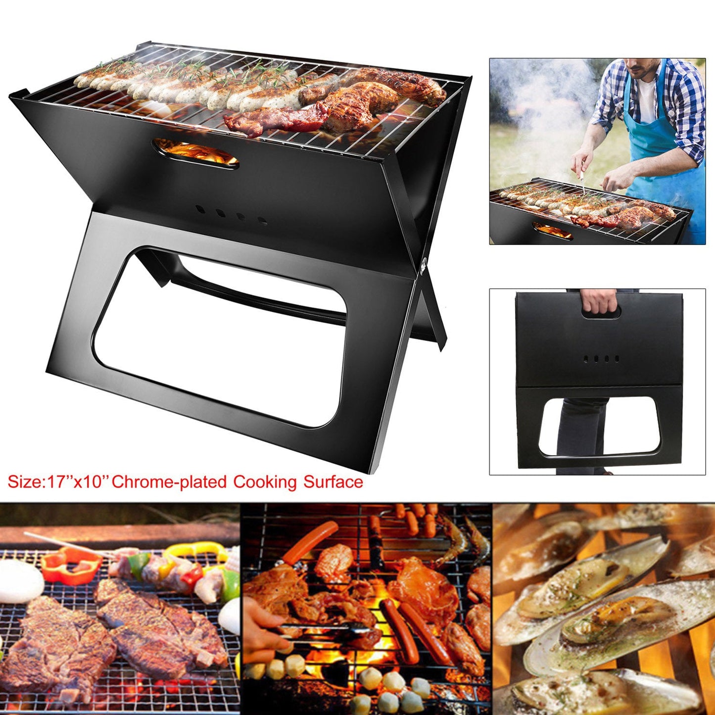 Portable Foldable Charcoal Grill – Heavy‑Duty Iron, Easy Setup, Large Cooking Area for Outdoor BBQ