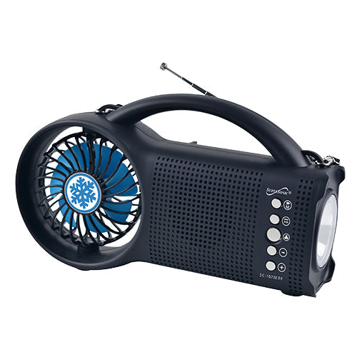 Solar Bluetooth Speaker with FM Radio, LED Torch & 3‑Speed Fan – Portable Outdoor Power Speaker
