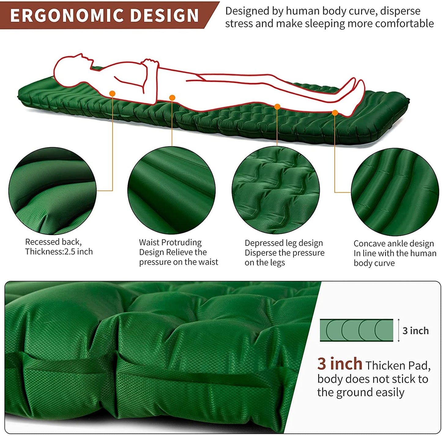 Ultralight Inflatable Sleeping Pad – 3" Thick, Ergonomic, Leak‑Proof, Durable 40D Nylon Camping Mat
