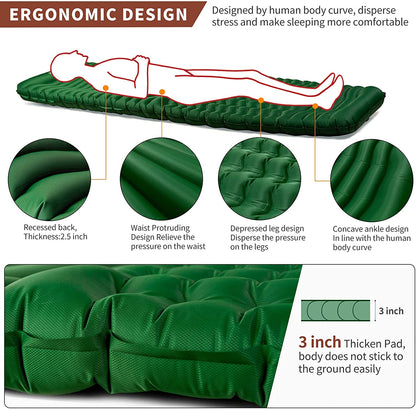 Ultralight Inflatable Sleeping Pad – 3" Thick, Ergonomic, Leak‑Proof, Durable 40D Nylon Camping Mat