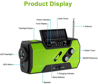 Emergency Solar Hand‑Crank Radio – AM/FM/NOAA Weather Radio with LED Flashlight, SOS Alarm & 2000mAh Power Bank