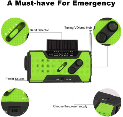 Emergency Solar Hand‑Crank Radio – AM/FM/NOAA Weather Radio with LED Flashlight, SOS Alarm & 2000mAh Power Bank