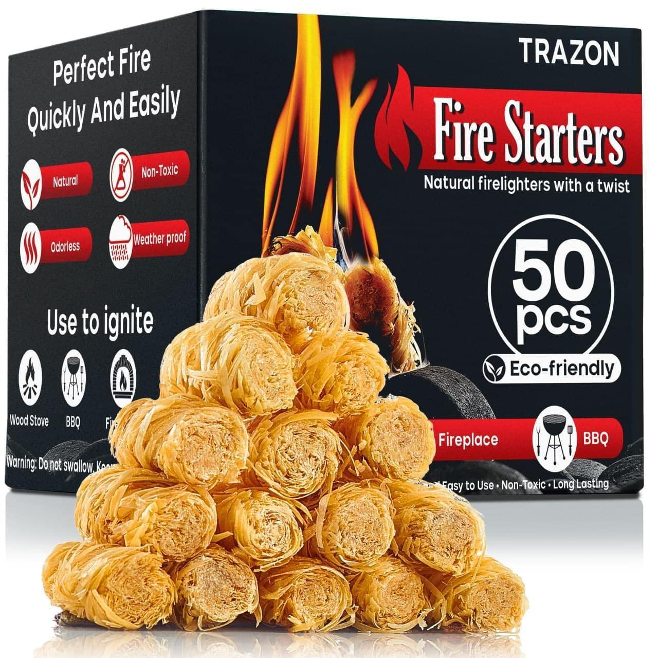 TRAZON Natural Fire Starters – Waxed Wood Shavings for BBQ, Fireplace, Campfire & Outdoor Cooking