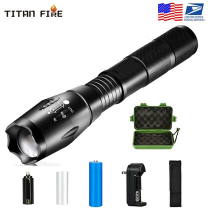 TITANFIRE 8000LM Tactical LED Flashlight – Zoomable, Waterproof, Rechargeable T6 Torch